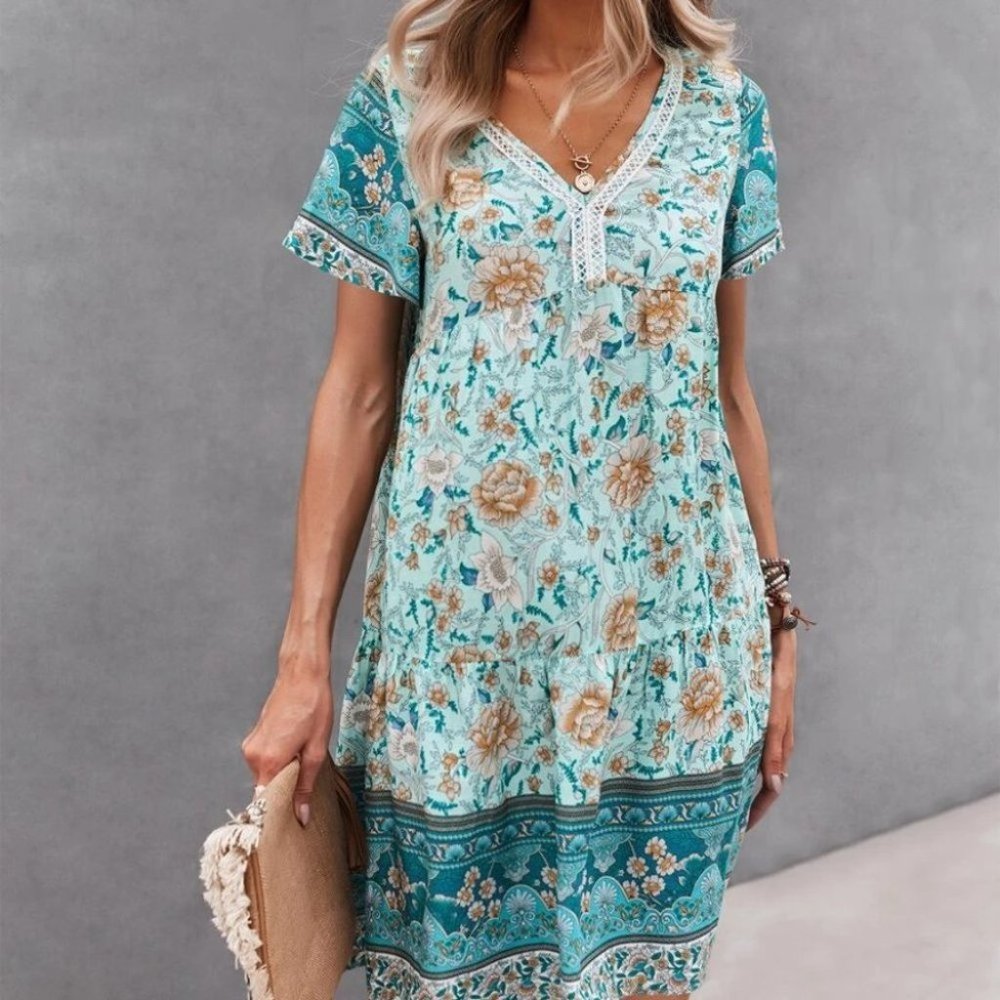 Blue multi print Floral Smock Dress - Picture 5 of 6